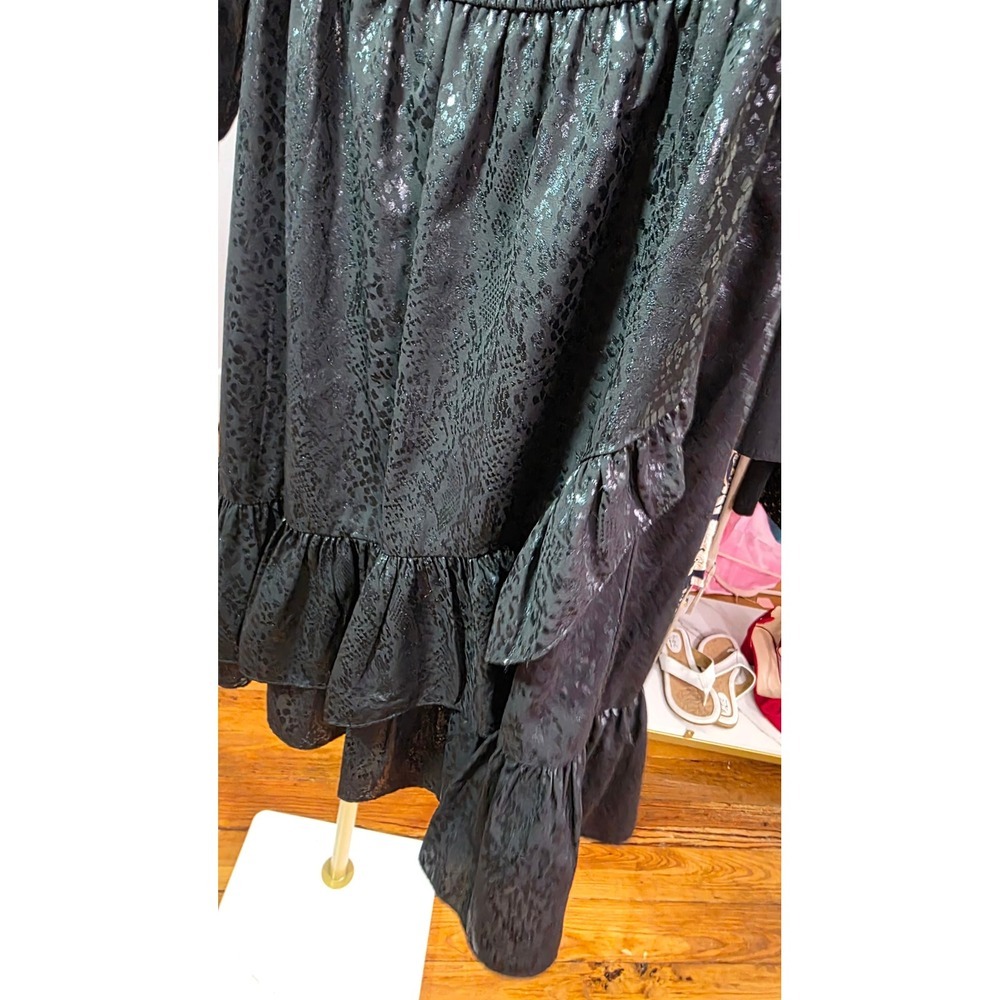 Michael Kors Metallic Snakeskin Cold Shoulder Ruffle Midi Wrap Dress Black XS - Picture 9 of 12